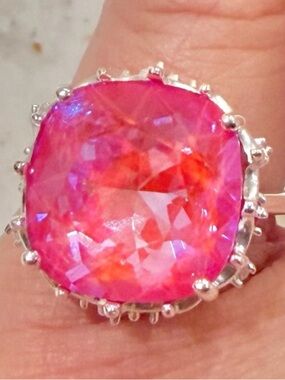 Signed IBB Sterling Silver 925 Cushion Cut Fuchsia Pink Cocktail Ring Size 5